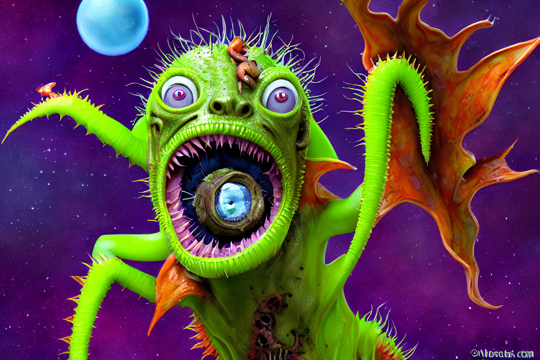 Detailed whimsical monster with multiple eyes, sharp teeth, and tentacles on cosmic purple backdrop