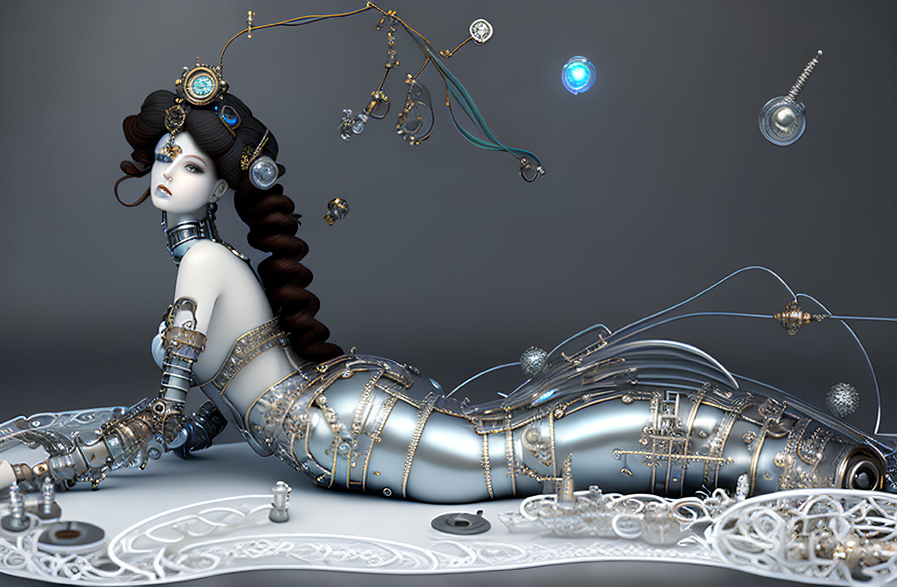 Detailed 3D steampunk female automaton with mechanical limbs and celestial orbs