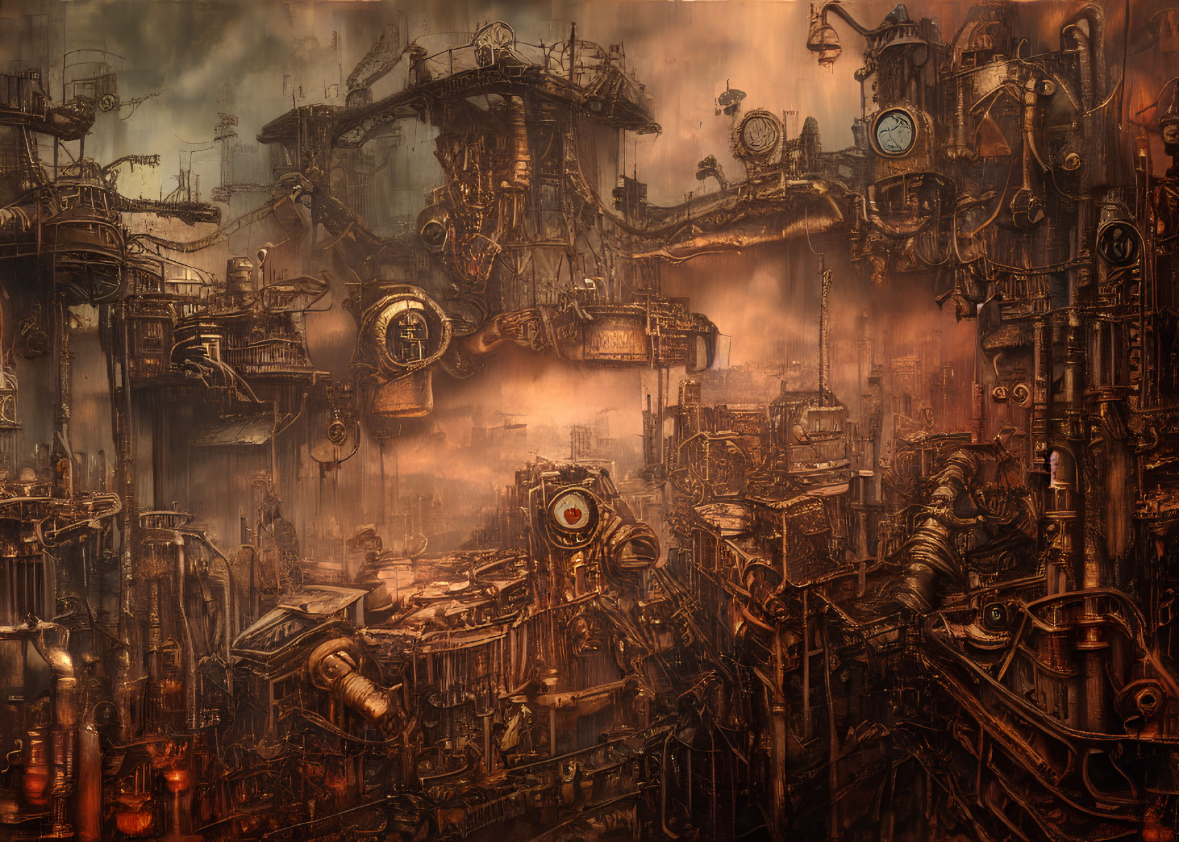 Steampunk cityscape with gears, pipes, and industrial structures against amber sky