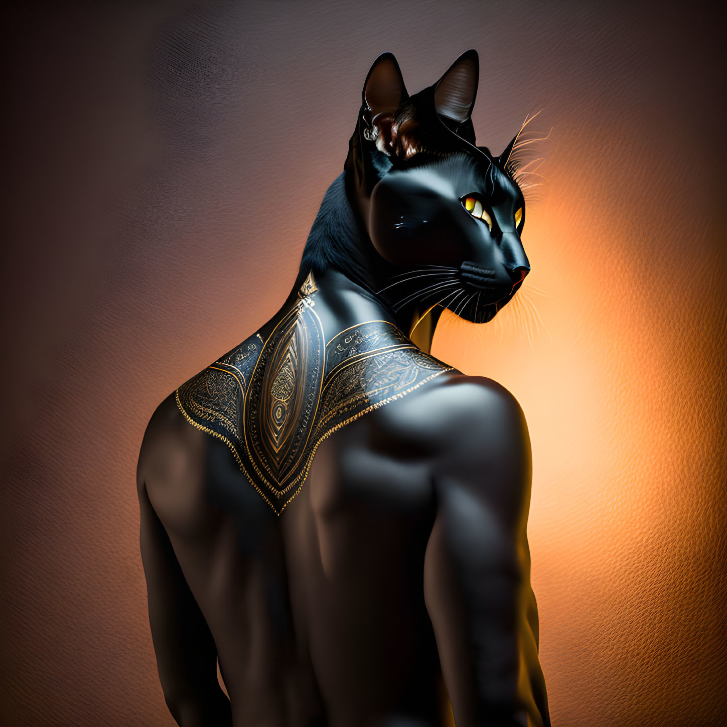 Muscular Figure with Black Cat Head and Golden Tattoos