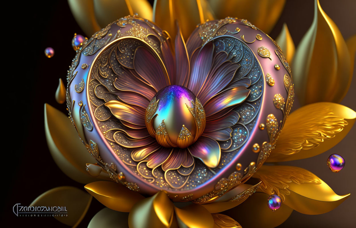 Ornate metallic heart with golden petal structures and shimmering gems