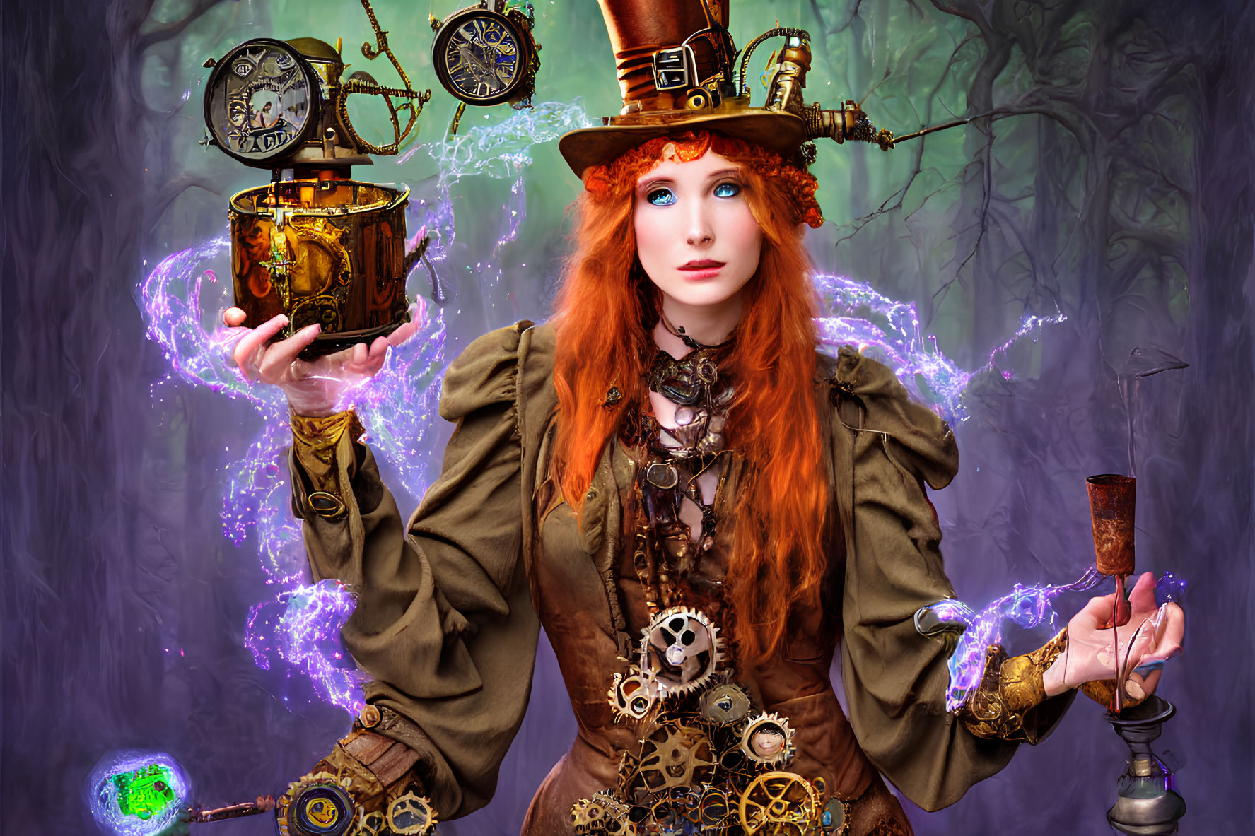 Steampunk-inspired woman with red hair holding magical orb and candlestick amidst floating gears and purple energy