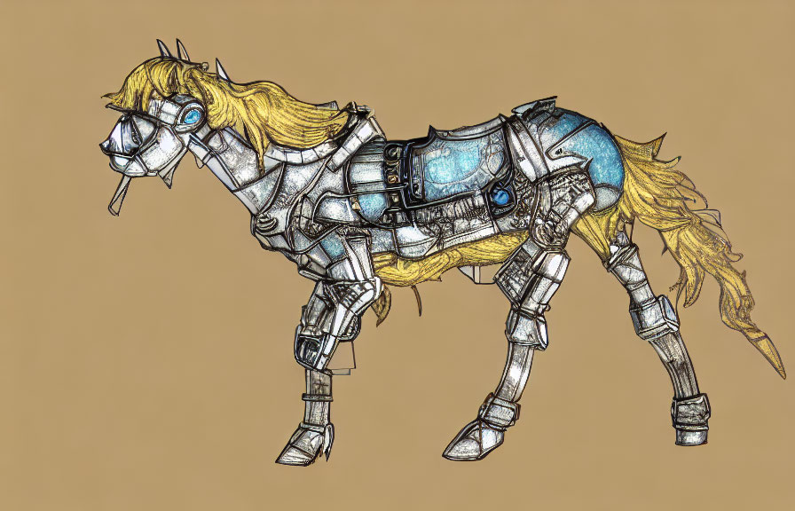 Detailed Illustration of Mechanical Horse with Metallic Structure and Blue Energy Cores