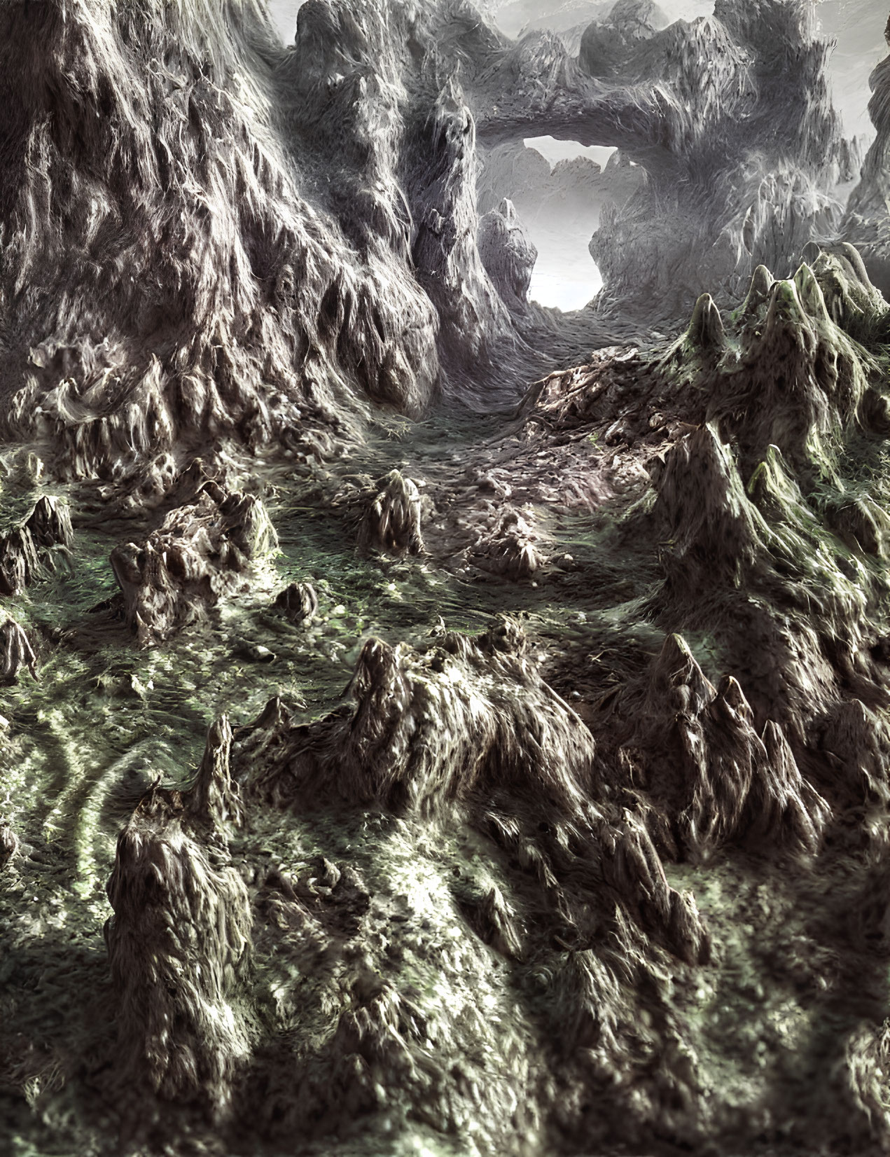 Alien landscape with mossy rock formations and archways