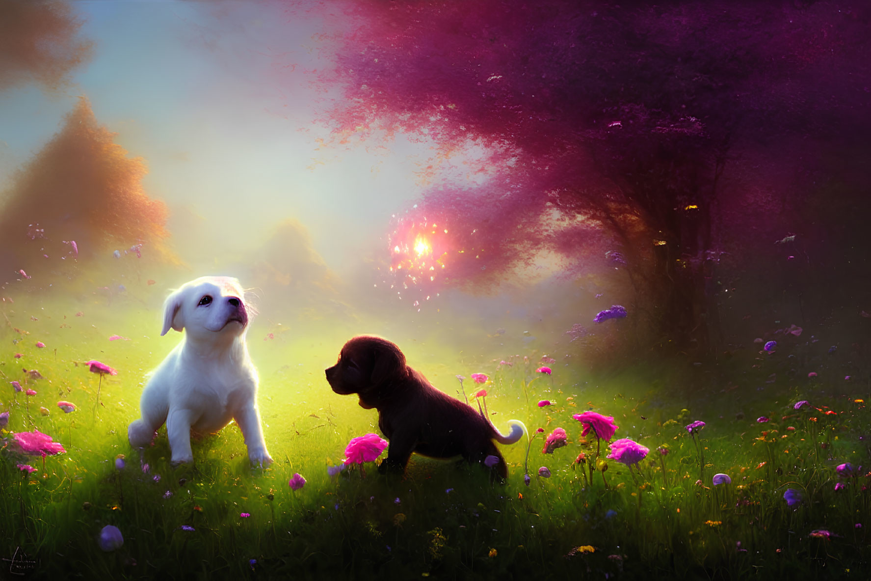 Two puppies in vibrant meadow with colorful trees.