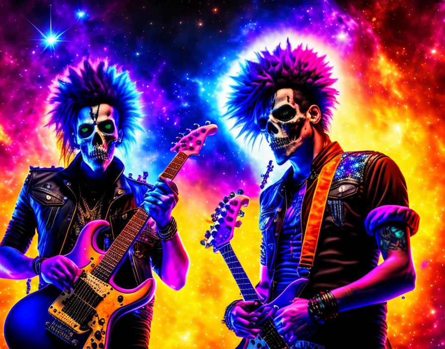 Cosmic background with two people in skull makeup playing electric guitars