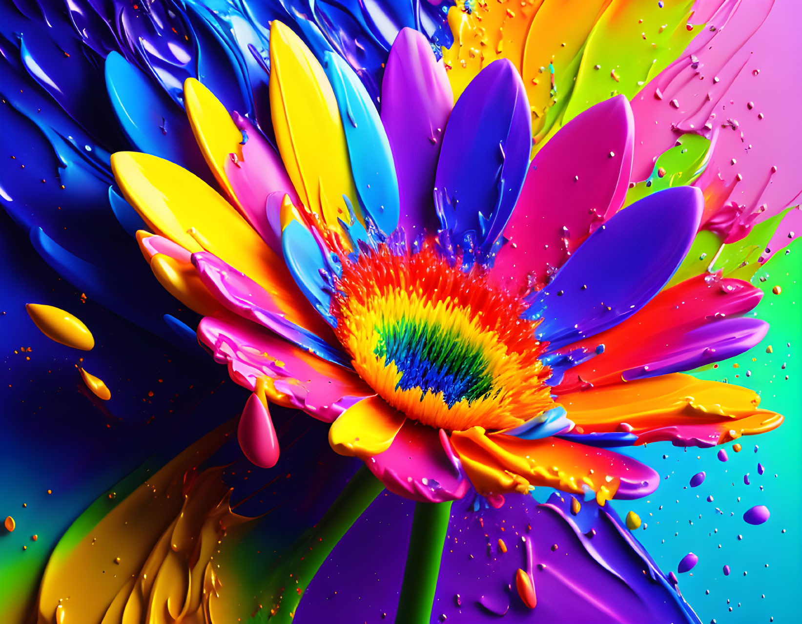 Colorful Digital Artwork: Daisy with Paint Splashes