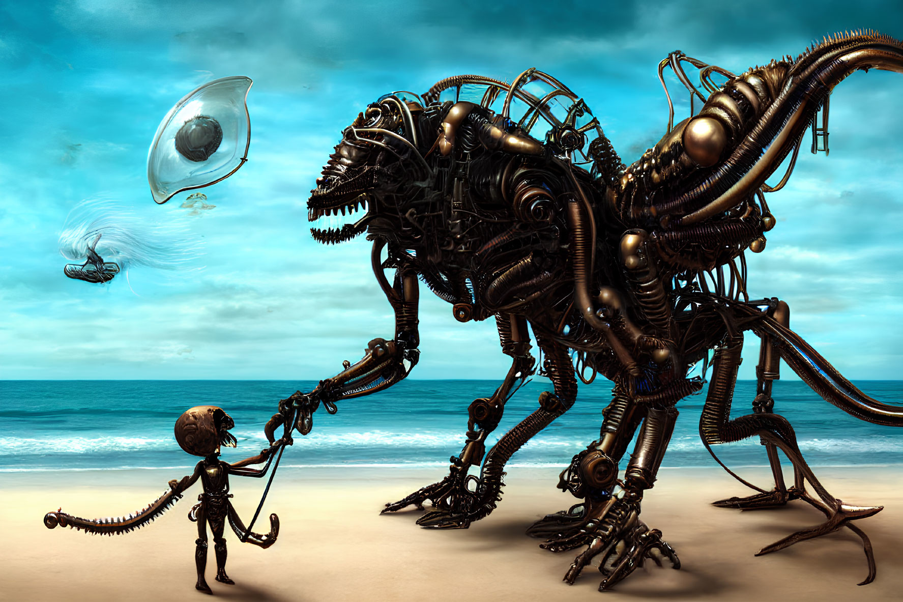 Spherical-headed humanoid robot encounters giant alien on sandy beach