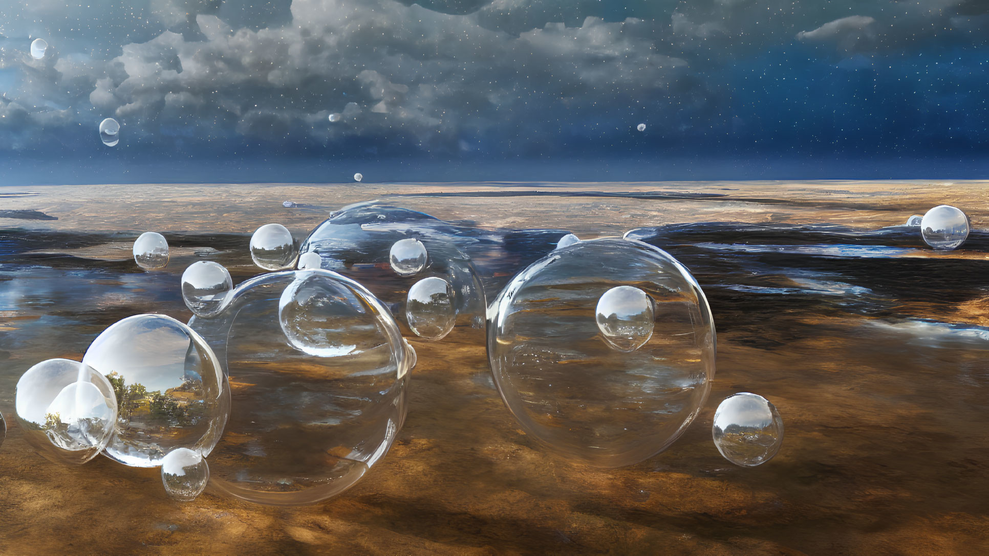 Transparent bubbles on desert terrain under vast sky with cloud patterns and visible stars