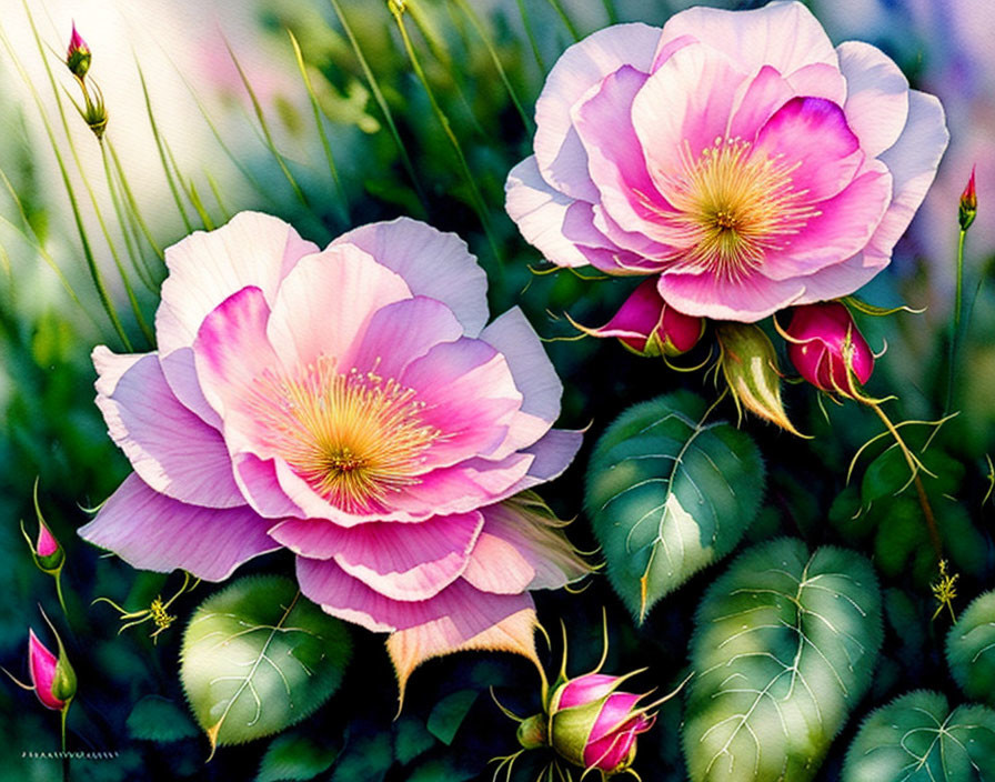 Vibrant pink roses with yellow centers in full bloom amidst green foliage