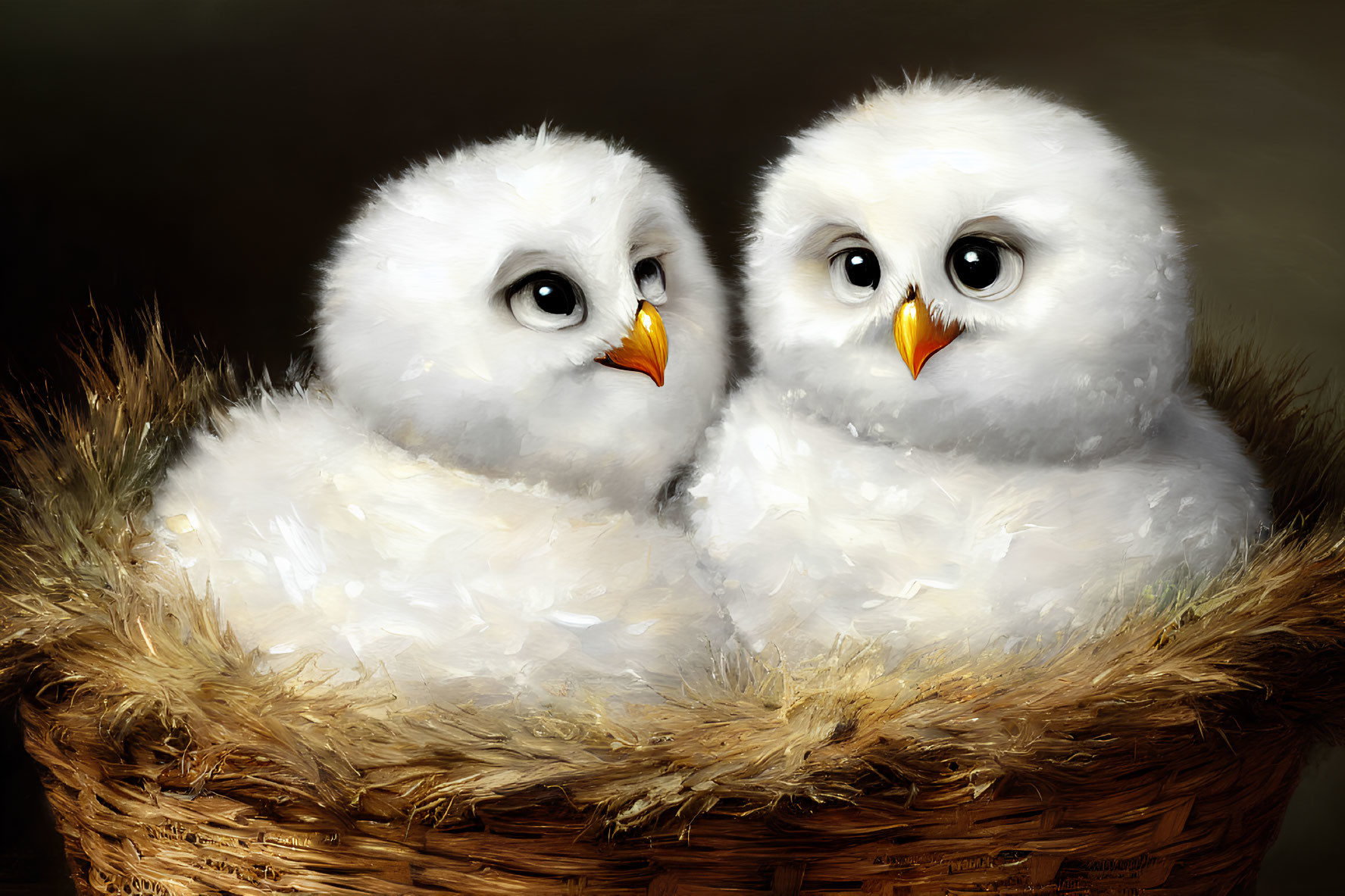 Fluffy white owlets in woven nest with feathers & straw