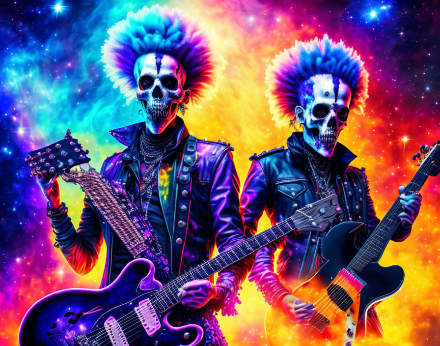 Colorful Mohawk Skeletons Playing Guitars in Cosmic Scene