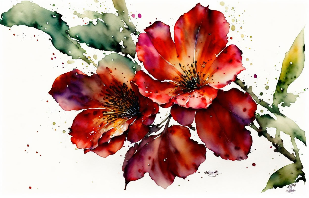 Vibrant red flowers with yellow centers in watercolor painting