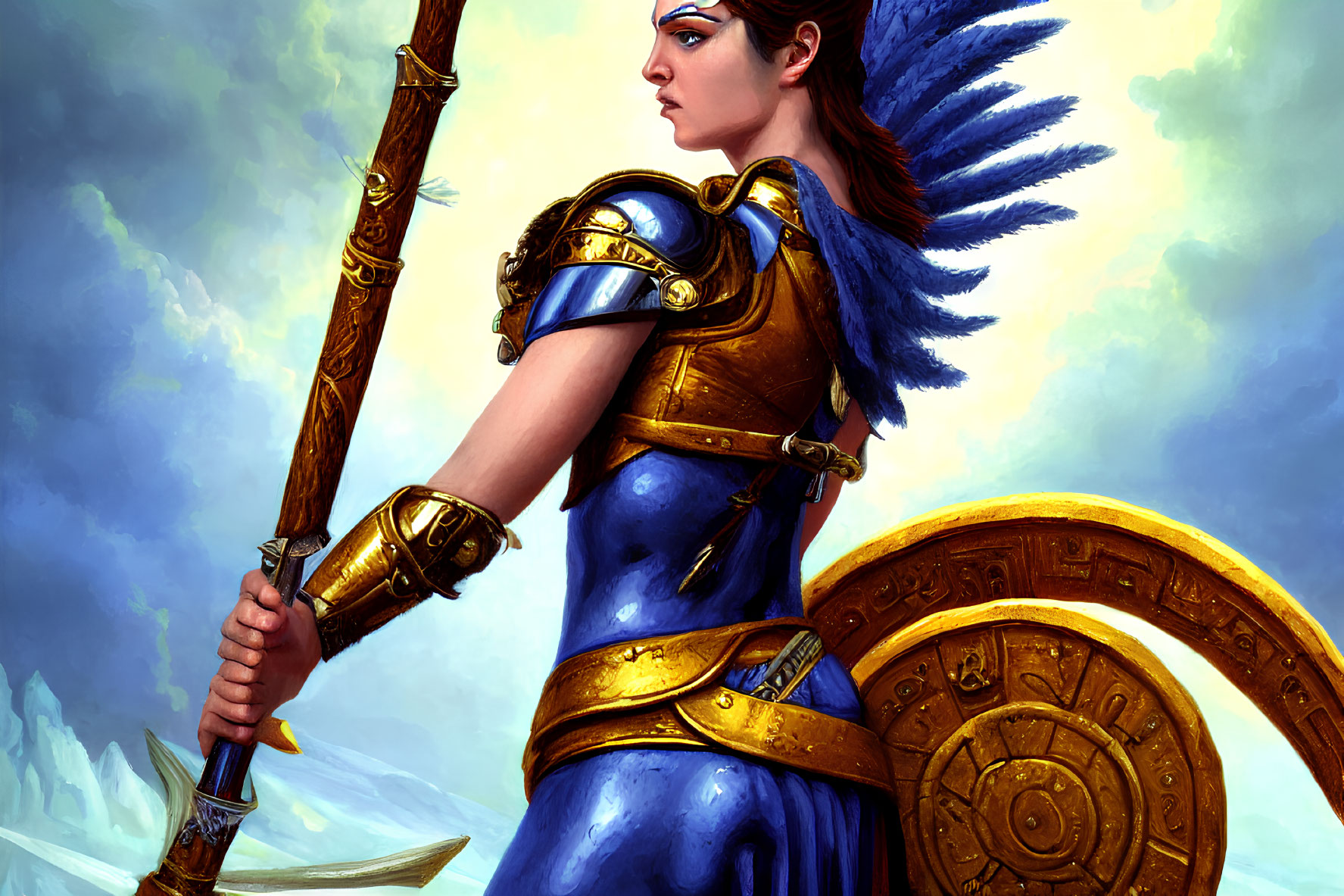 Female warrior in blue and gold armor with wings, holding spear and shield under dramatic sky