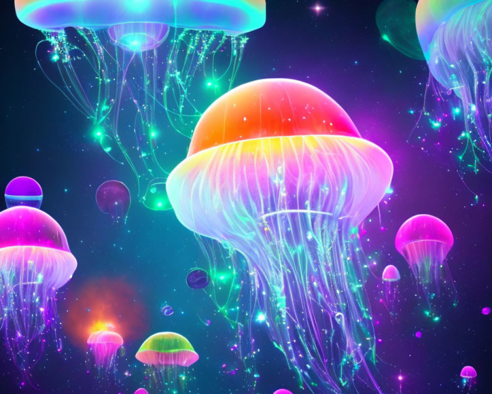 Colorful Jellyfish Illustration in Celestial Space with Stars