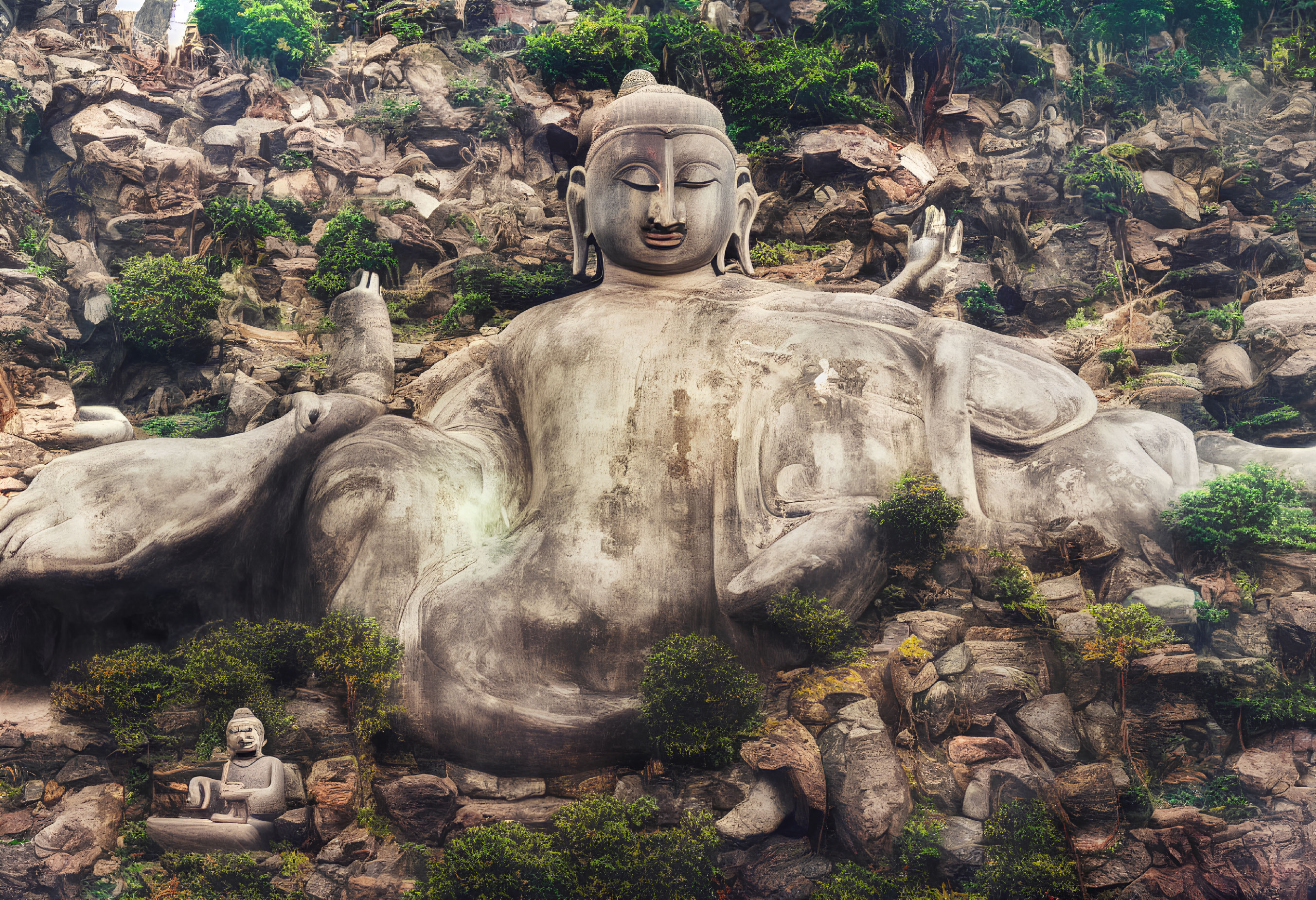 Reclining Buddha statue surrounded by rocks and foliage