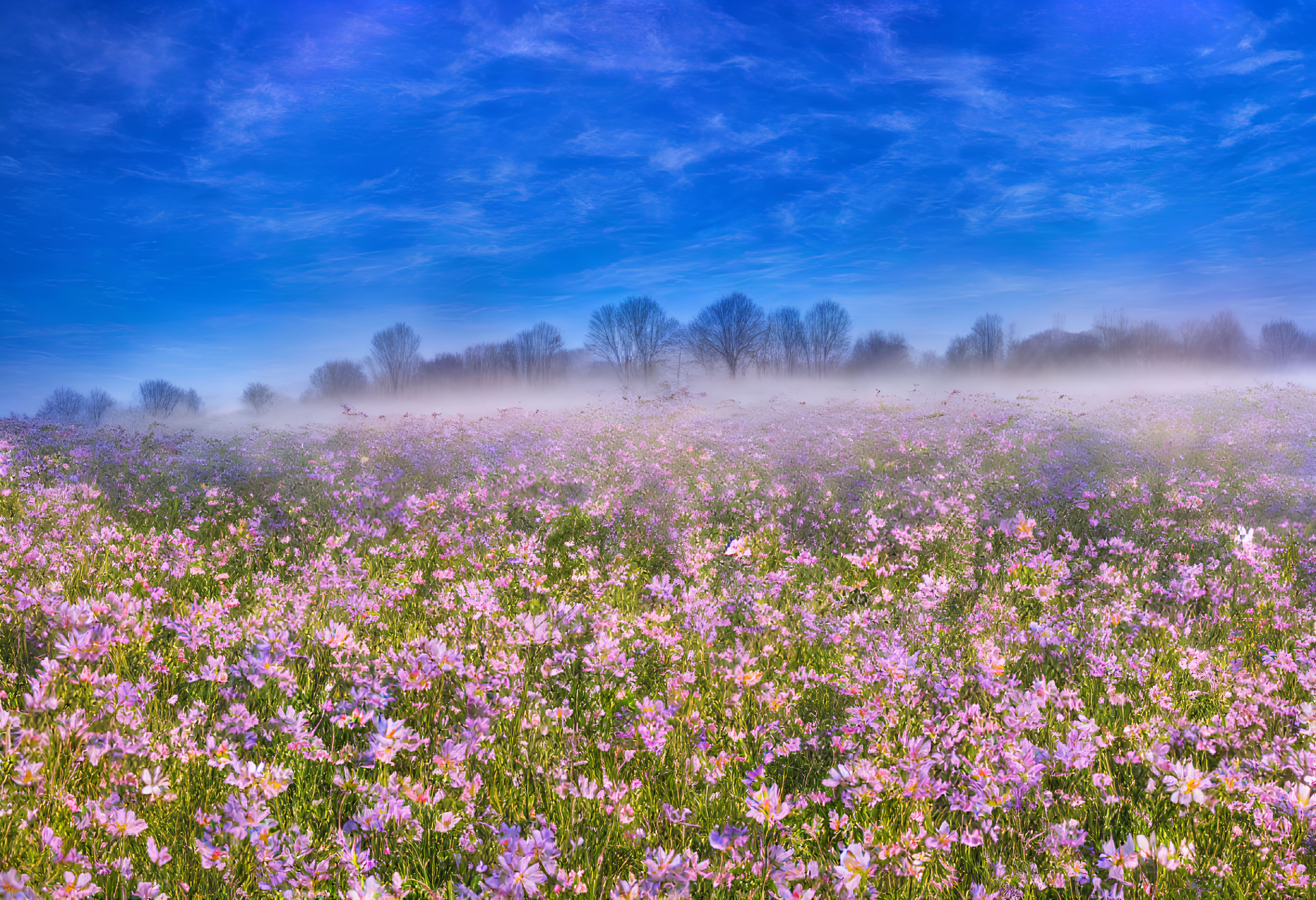 Pink wildflowers in vibrant field under blue sky