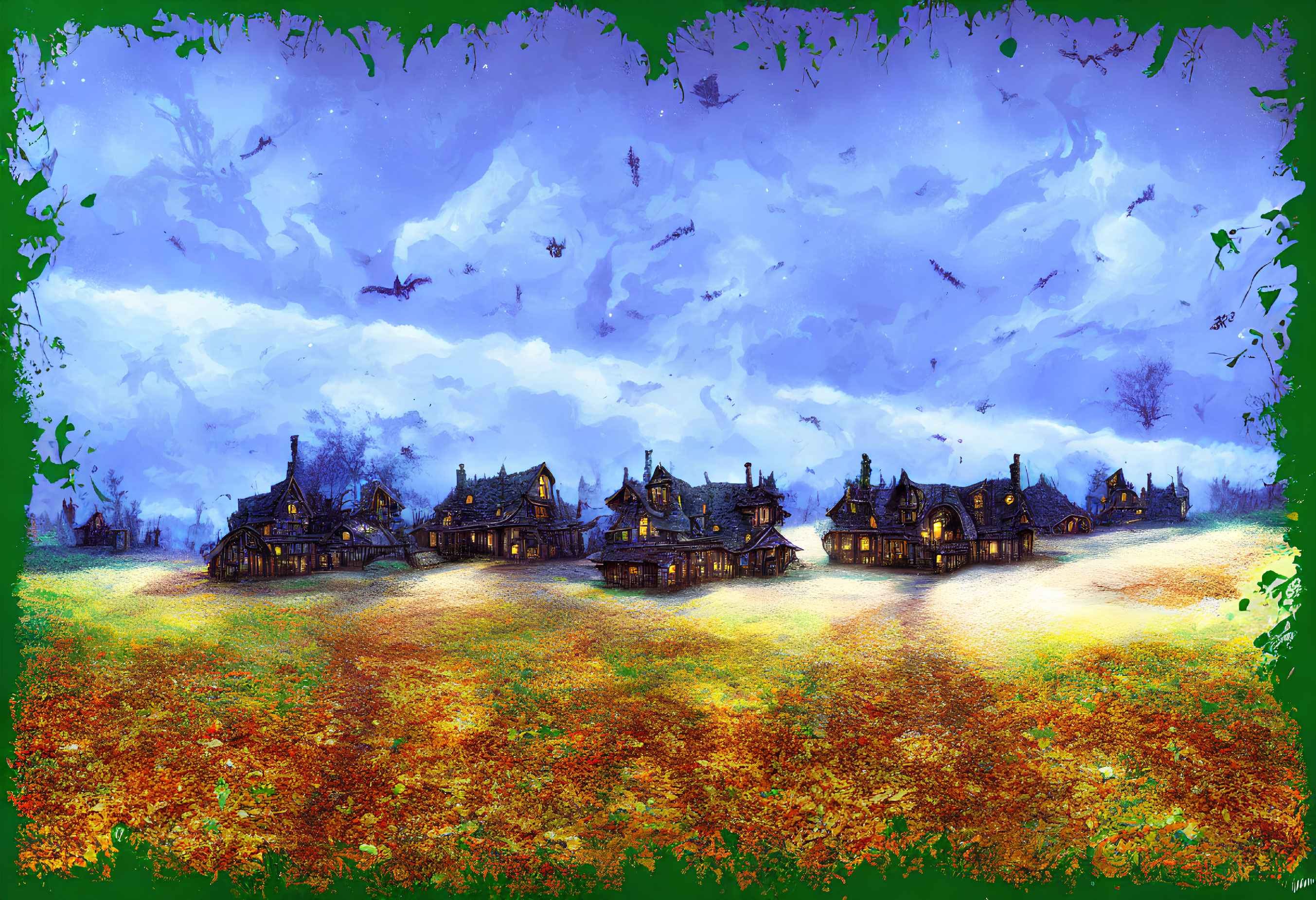 Whimsical fantasy landscape with autumn field and cloudy sky