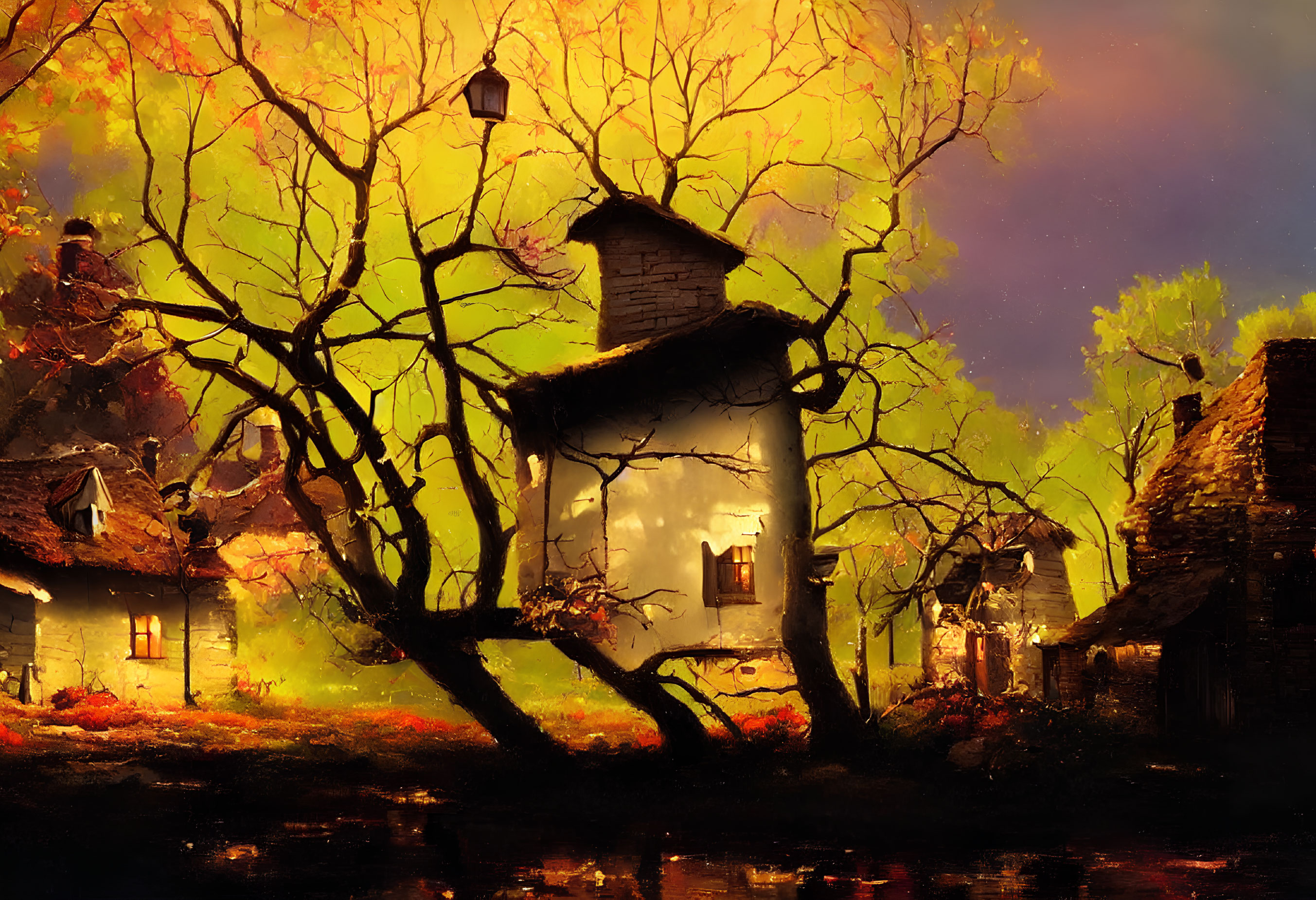 Tranquil village scene with illuminated cottages and autumn tree