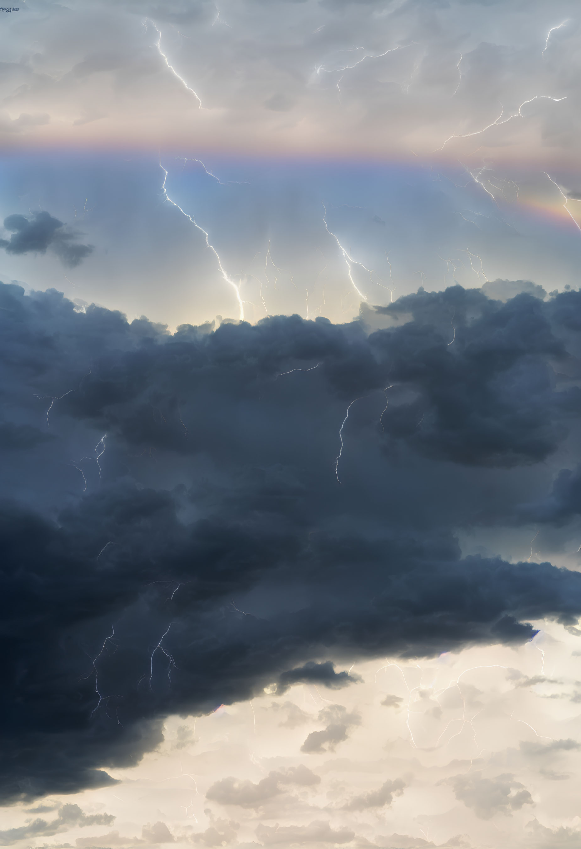 Stormy Sky with Faint Rainbow and Lightning Strikes