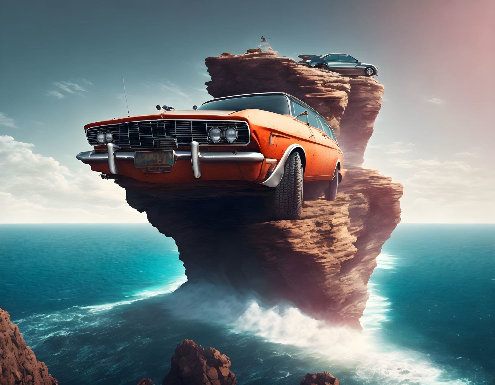 Vintage Orange Car Balancing on Rock Above Sea with Another Car