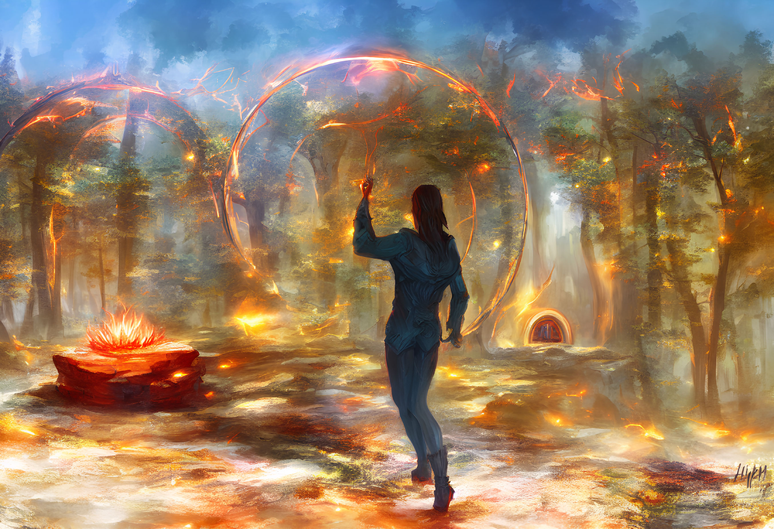 Person creating fiery circles in mystical forest with magical wand and glowing cauldron