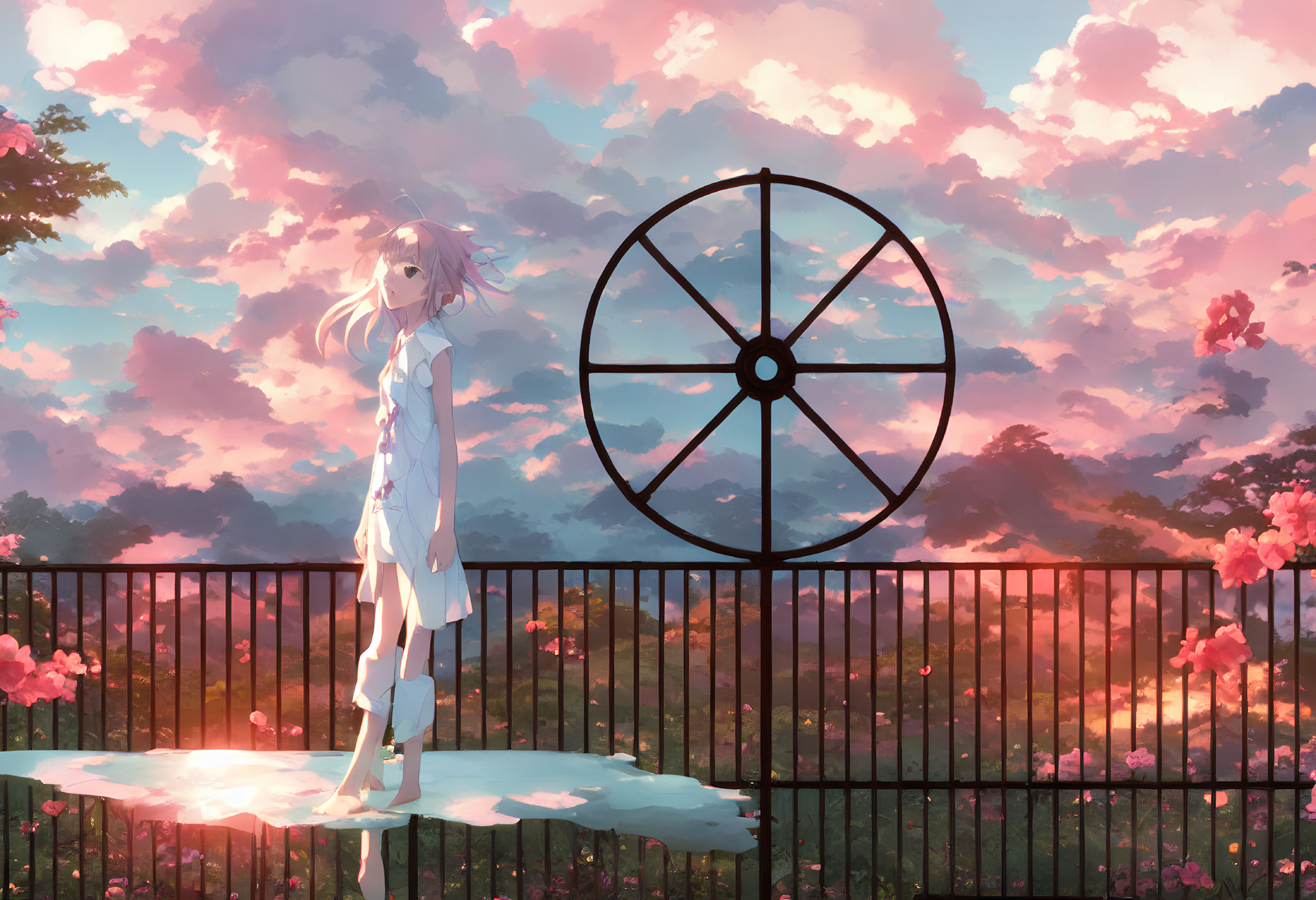 Anime girl on balcony gazes at vibrant sunset sky reflected in puddle