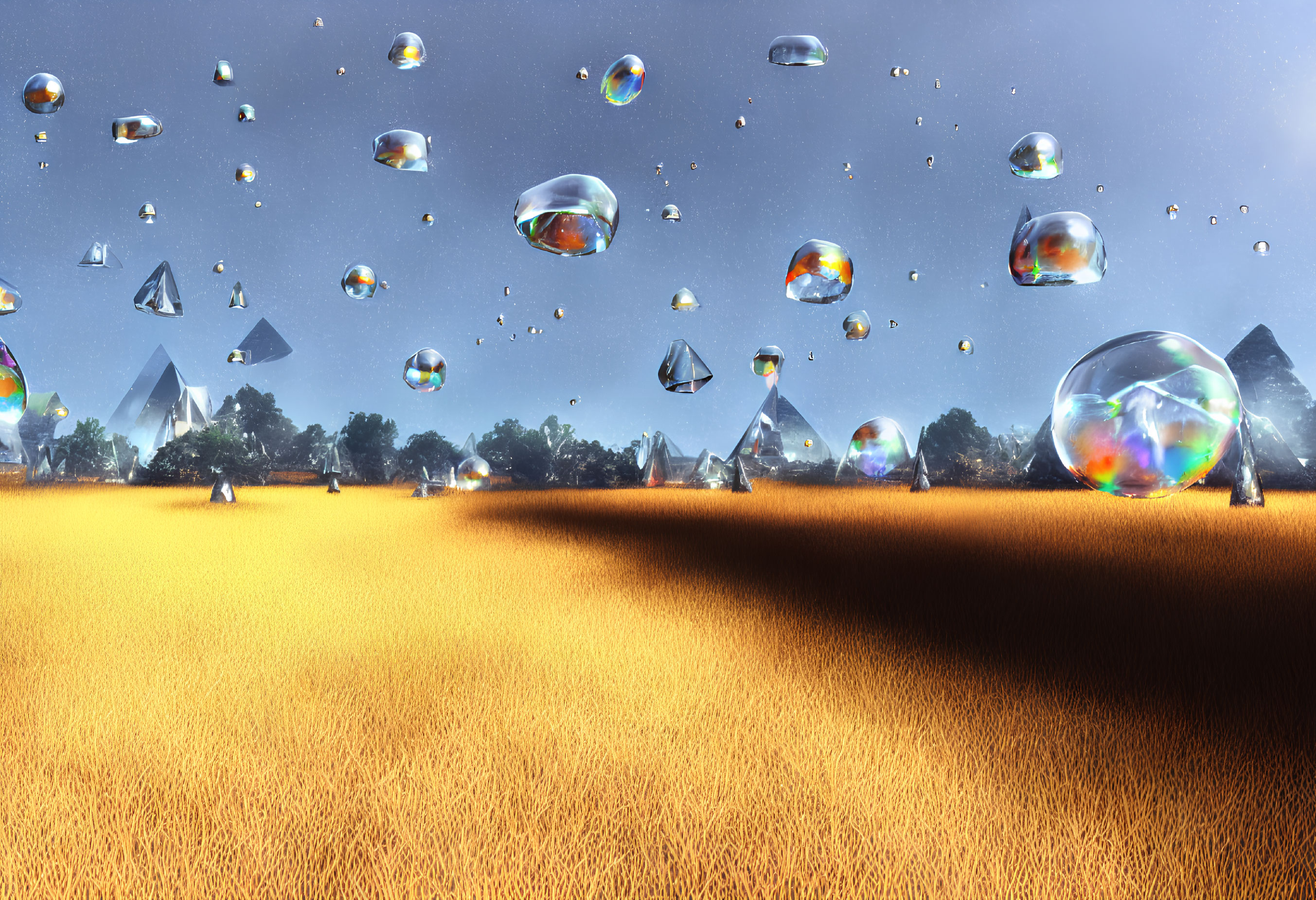 Surreal landscape with golden field, reflective bubbles, pyramids, and clear blue sky