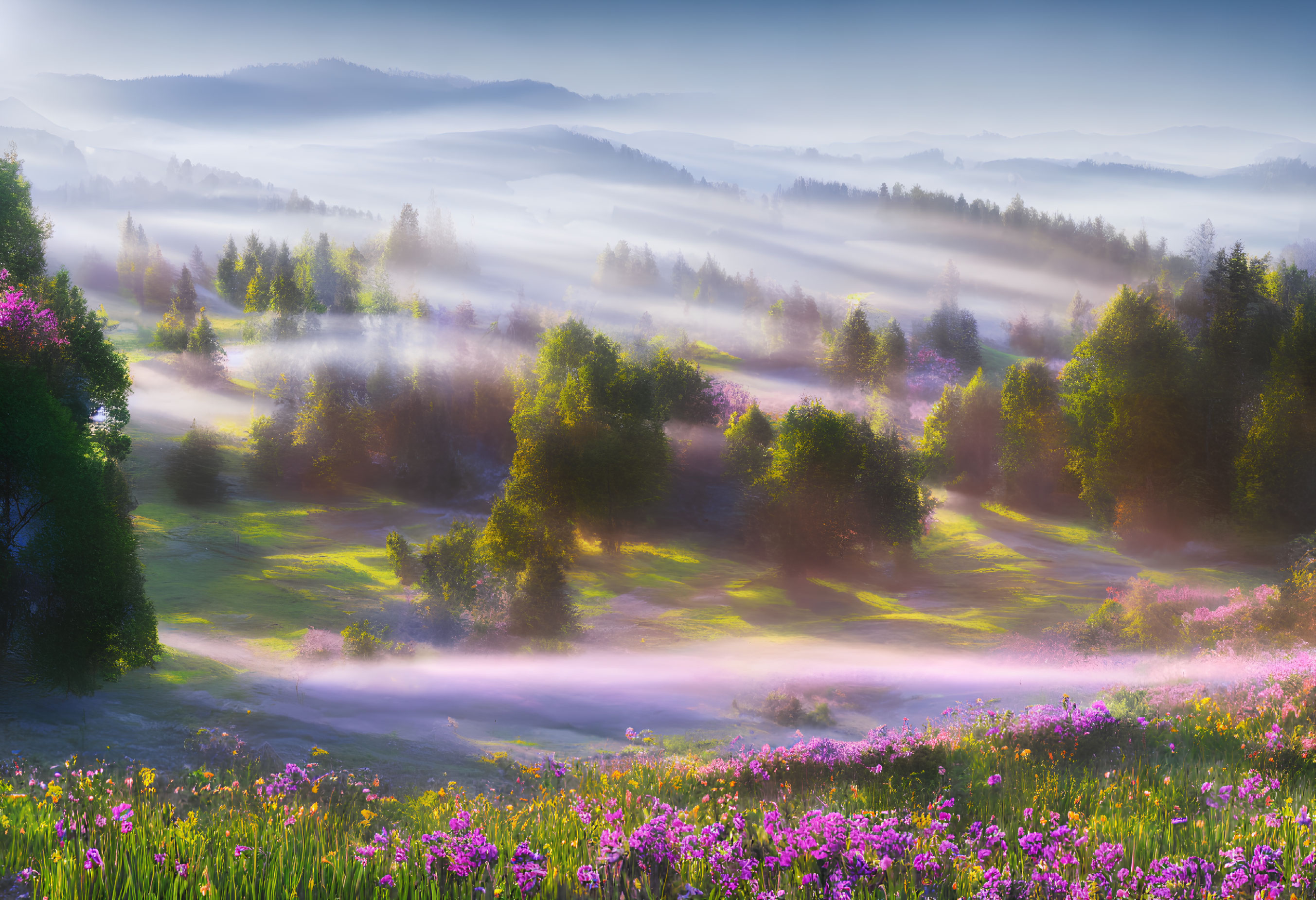 Scenic sunrise landscape with hills, mist, flowers, trees, and pastel sky