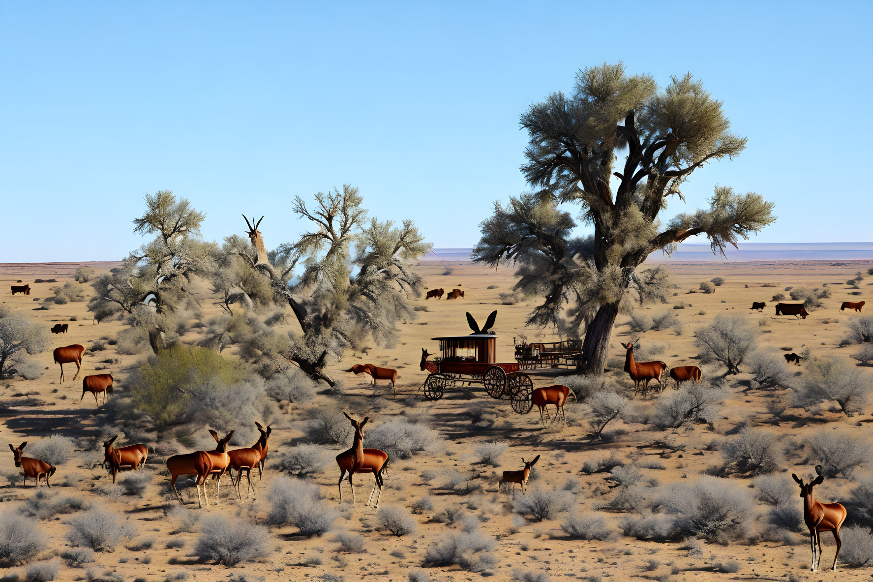 Deserted wooden cart in savanna with antelopes