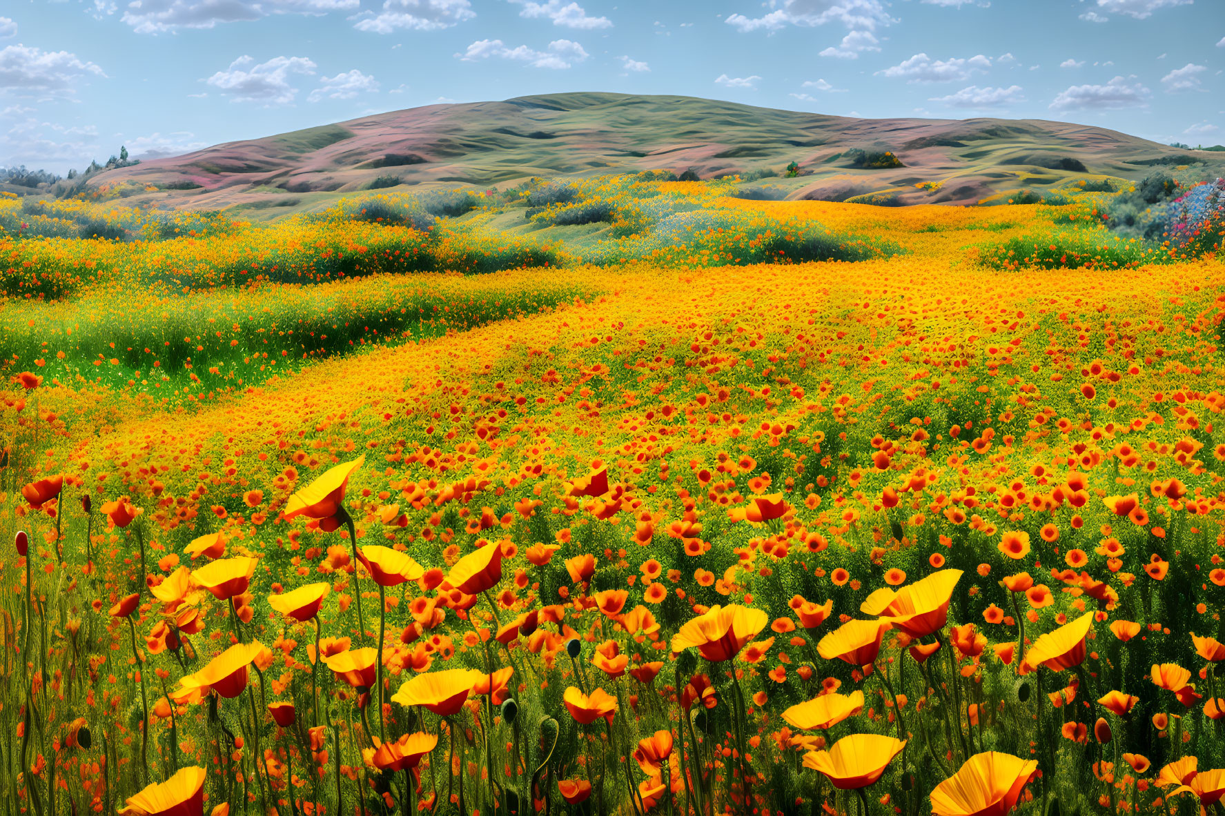 Colorful Wildflower Field with Rolling Hills and Blue Sky