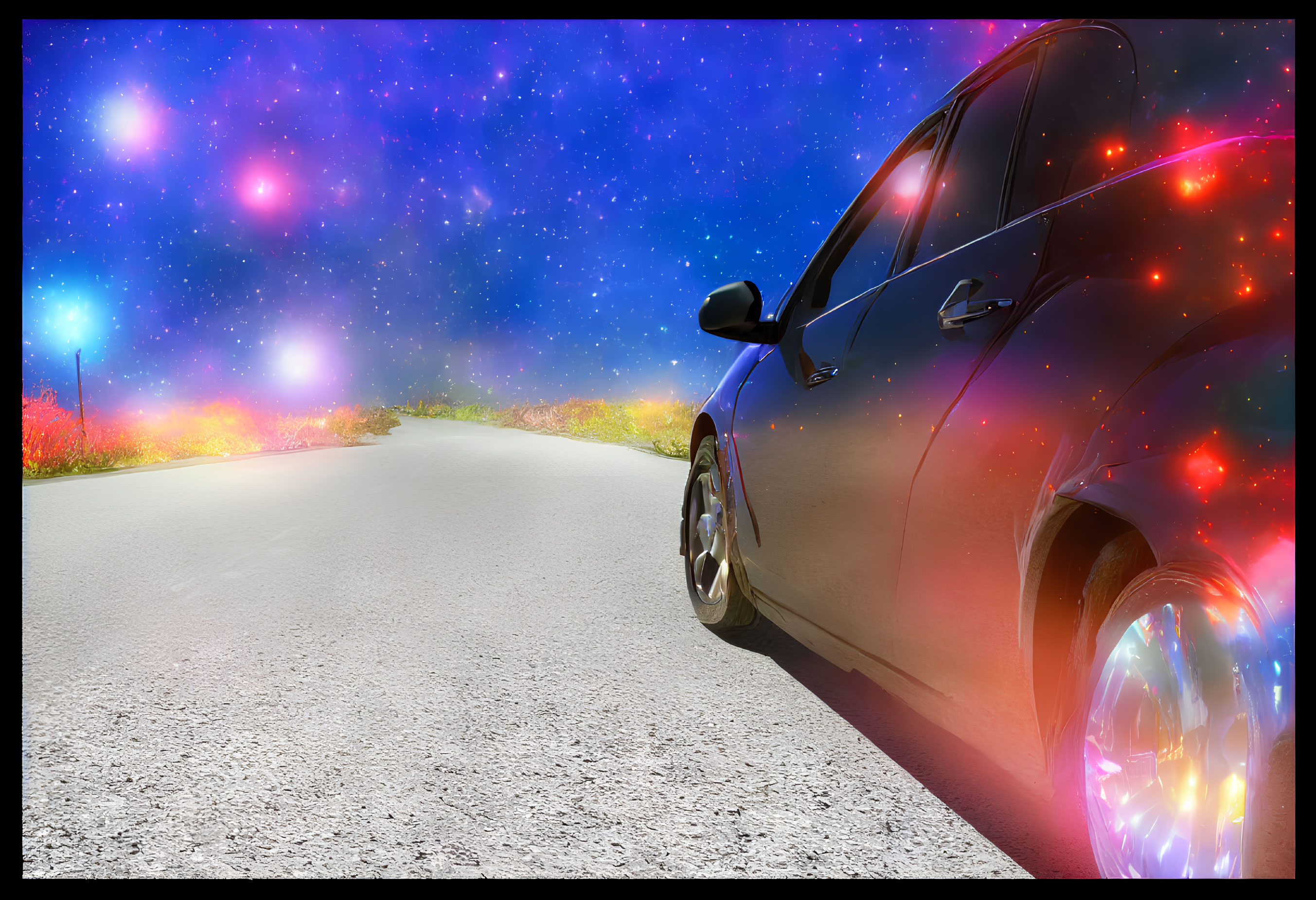 Vibrant nebulae sky over car parked on curving road