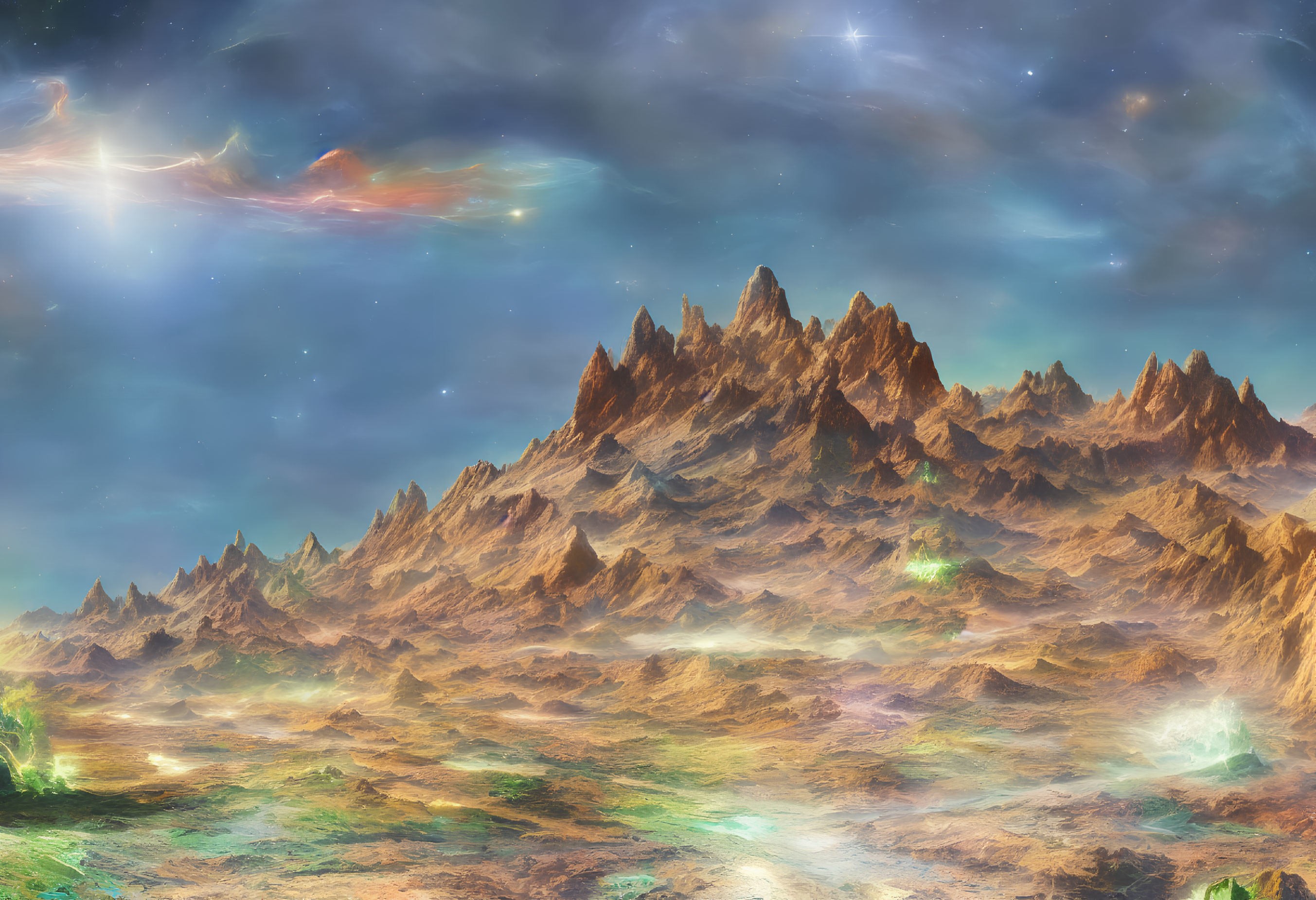 Fantastical landscape with rugged mountains under a celestial sky