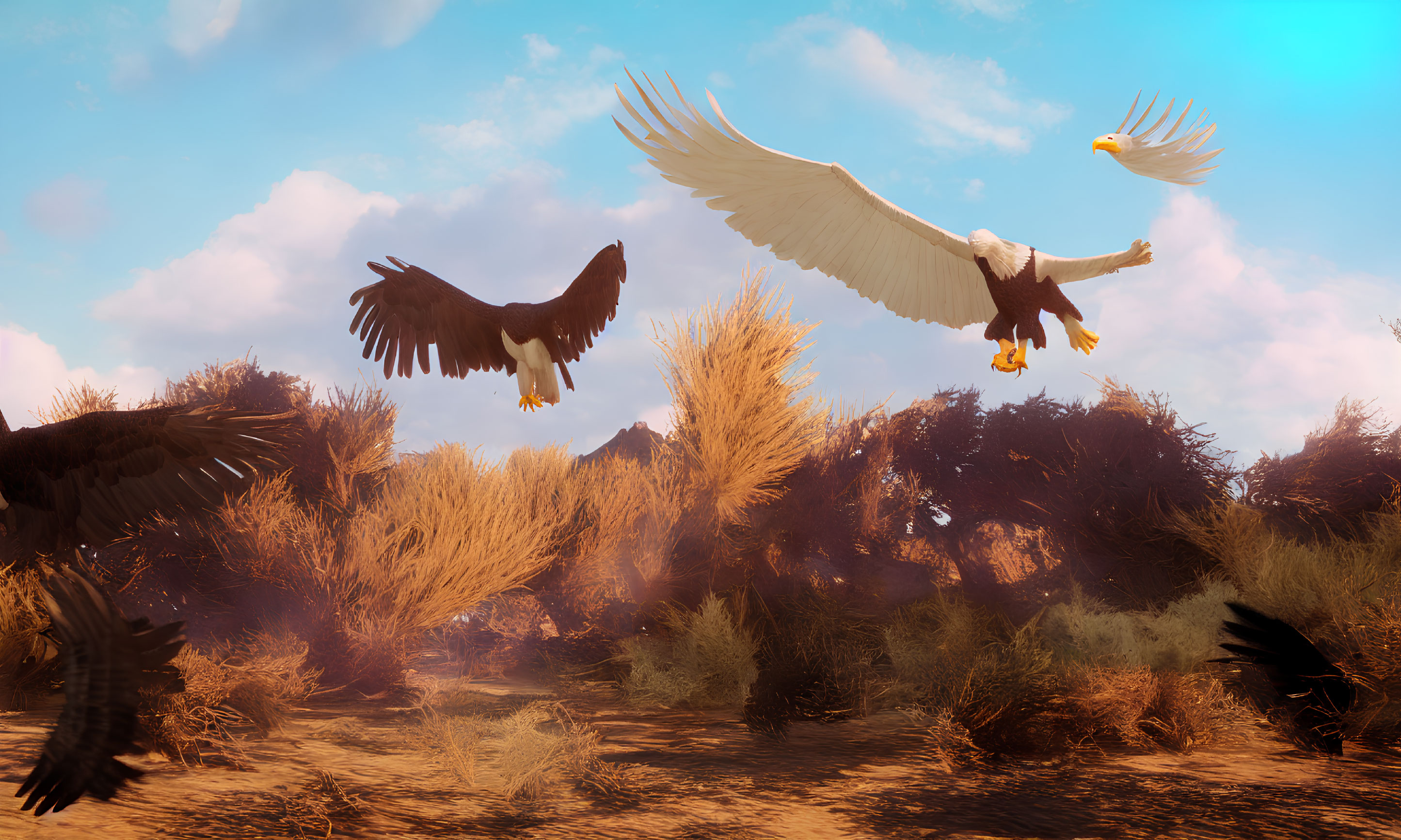 Majestic eagle soaring over dry landscape with birds in warm sunlight