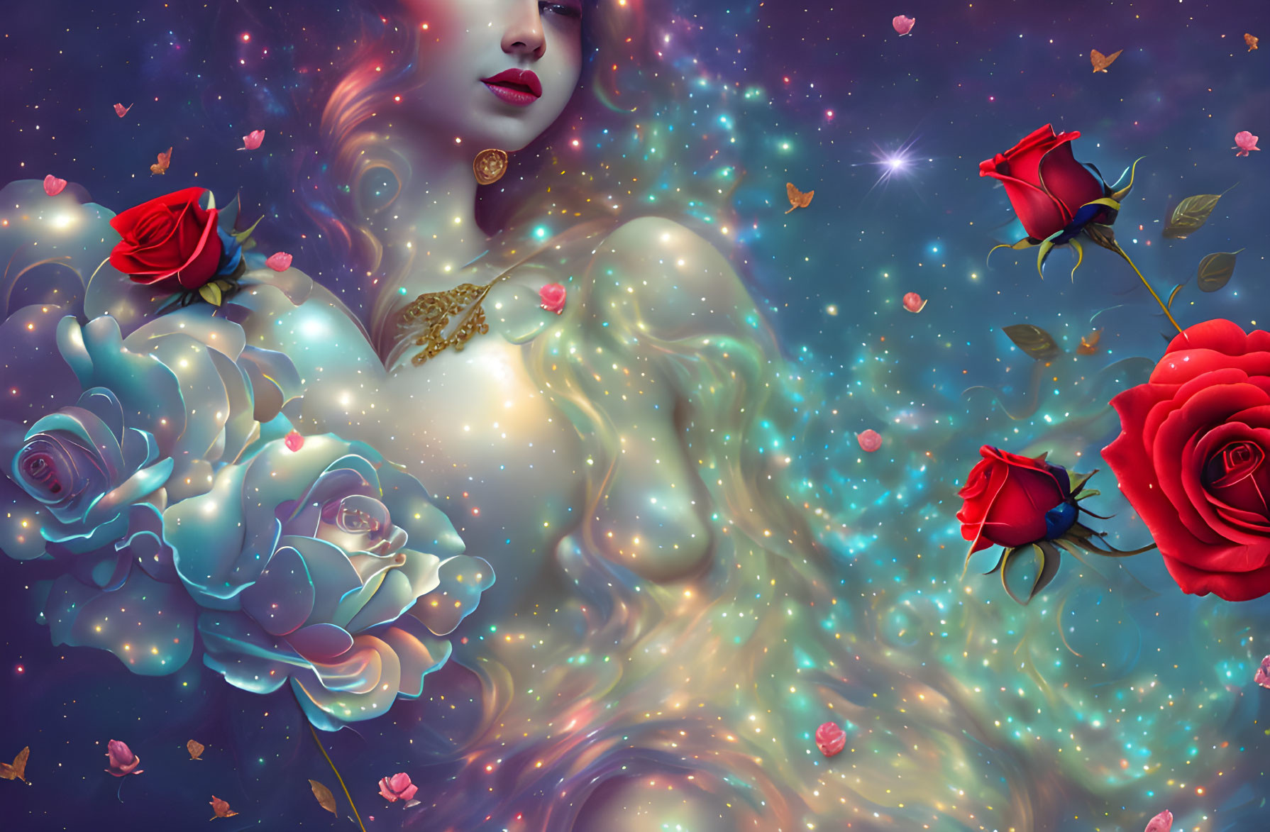 Surreal illustration of woman in cosmic backdrop with jewelry, roses, and butterflies