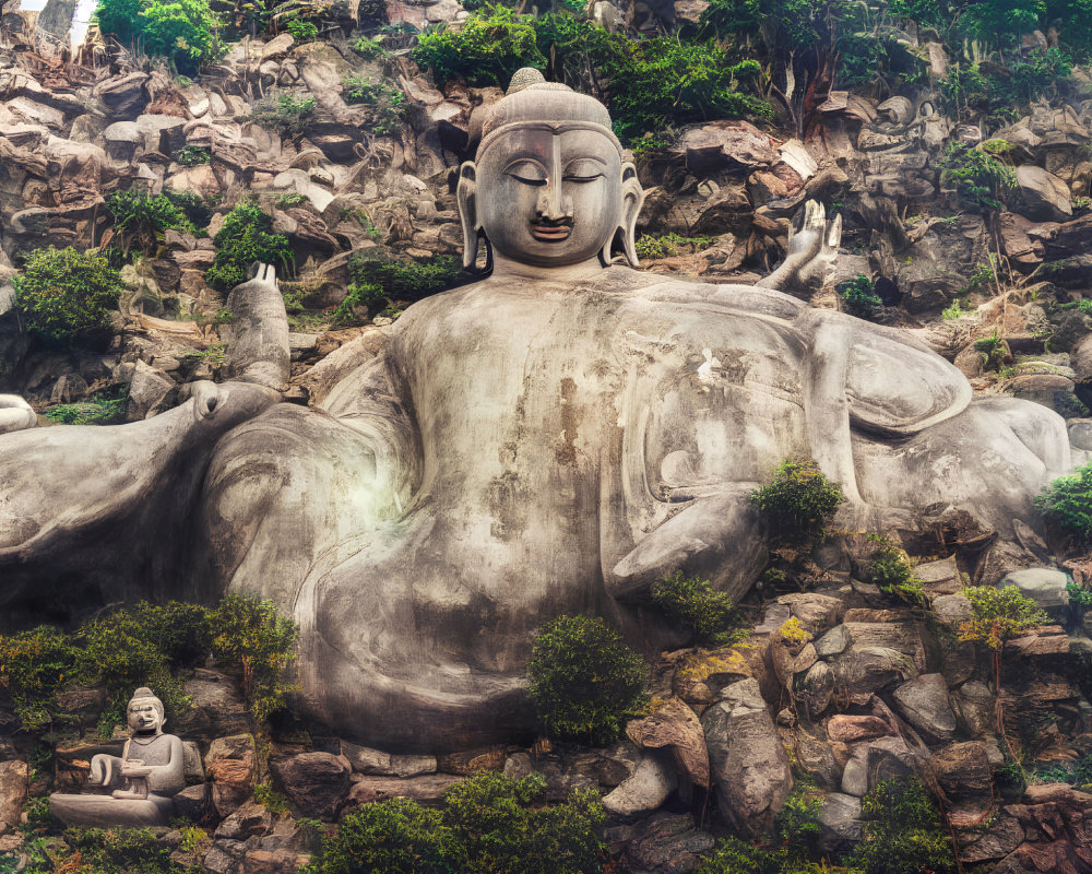 Reclining Buddha statue surrounded by rocks and foliage