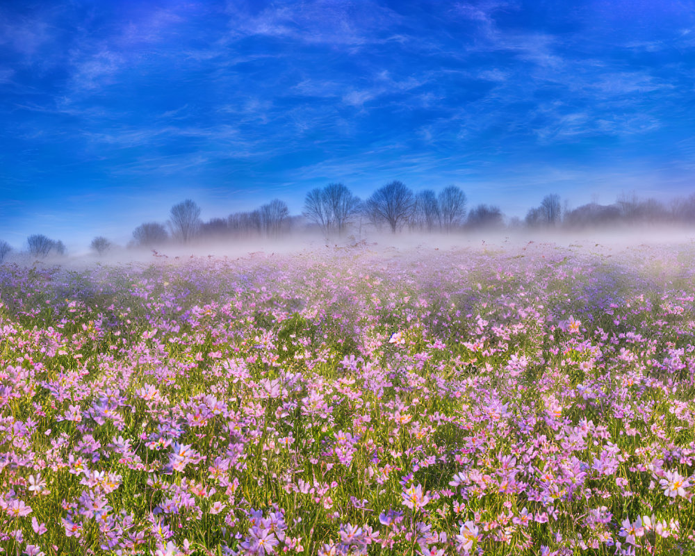 Pink wildflowers in vibrant field under blue sky