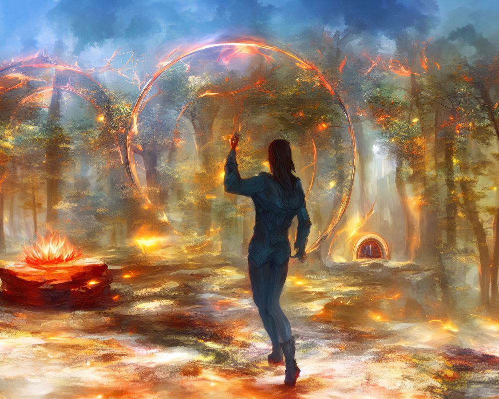 Person creating fiery circles in mystical forest with magical wand and glowing cauldron