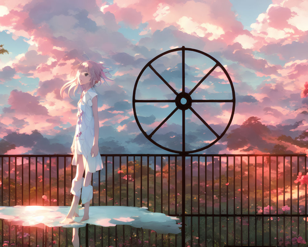 Anime girl on balcony gazes at vibrant sunset sky reflected in puddle