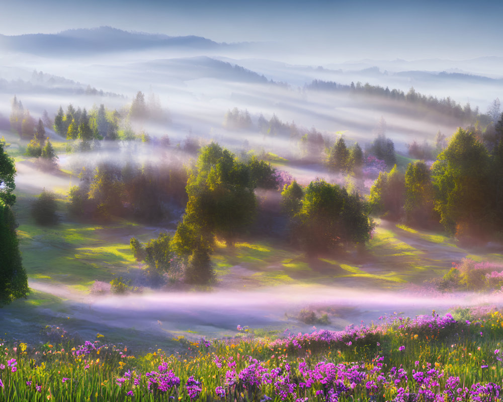 Scenic sunrise landscape with hills, mist, flowers, trees, and pastel sky