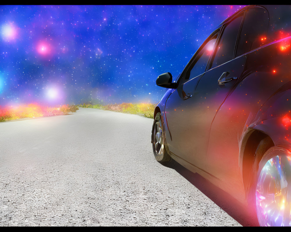 Vibrant nebulae sky over car parked on curving road