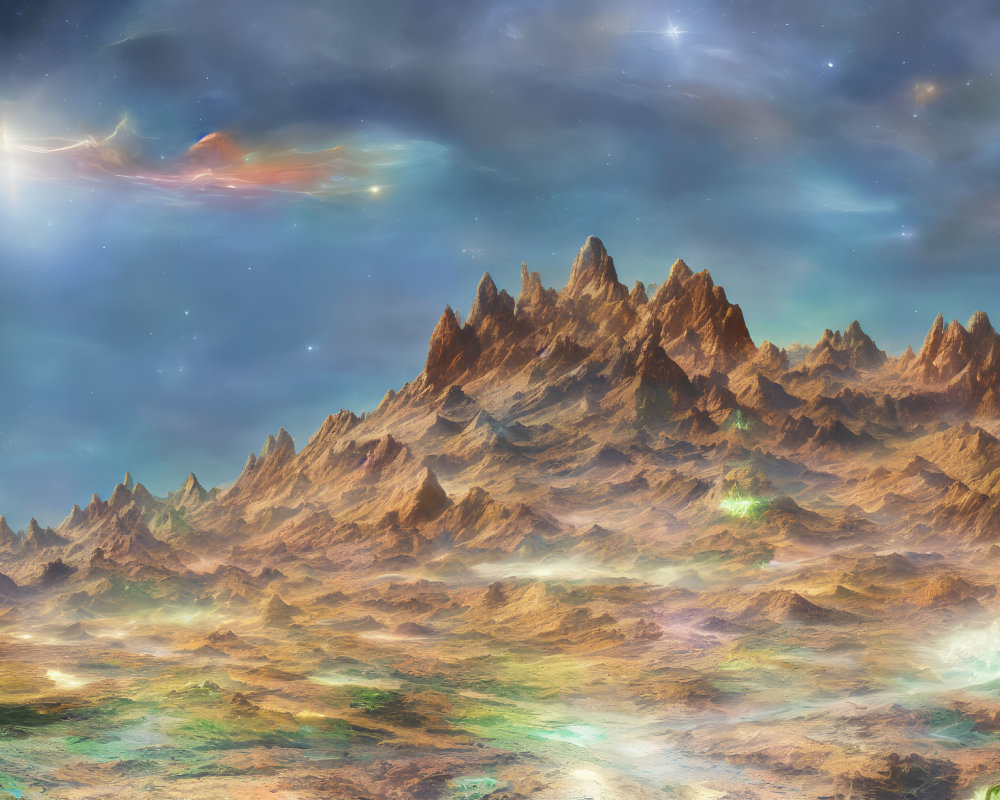 Fantastical landscape with rugged mountains under a celestial sky