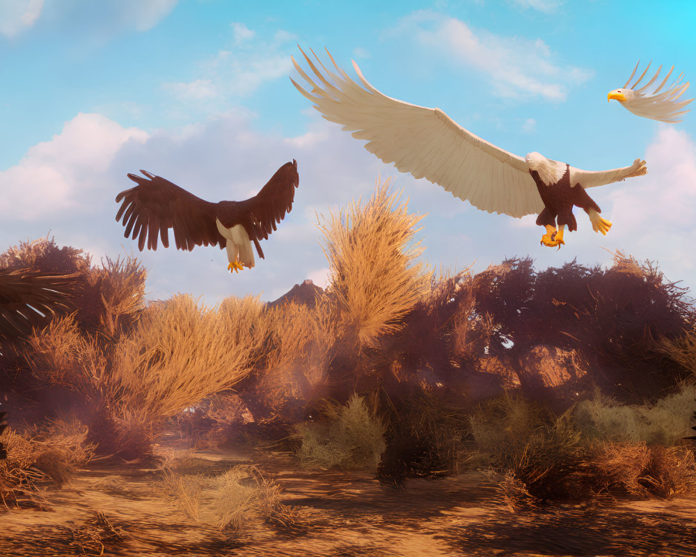 Majestic eagle soaring over dry landscape with birds in warm sunlight