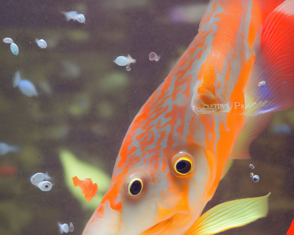 Colorful Orange Koi Fish with Black Spots and Yellow Fins Swimming Underwater