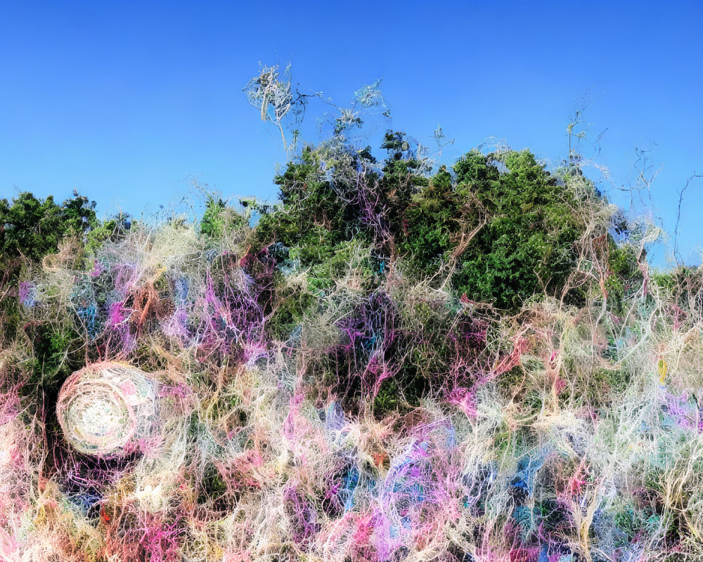 Abstract digital artwork on natural background: vibrant threads against green foliage and blue sky