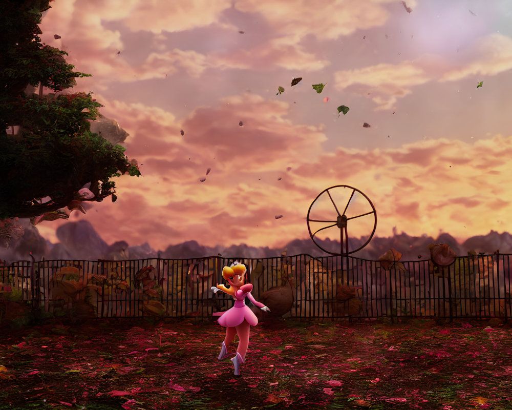 Princess Peach lookalike twirls in sunset with tree and fence