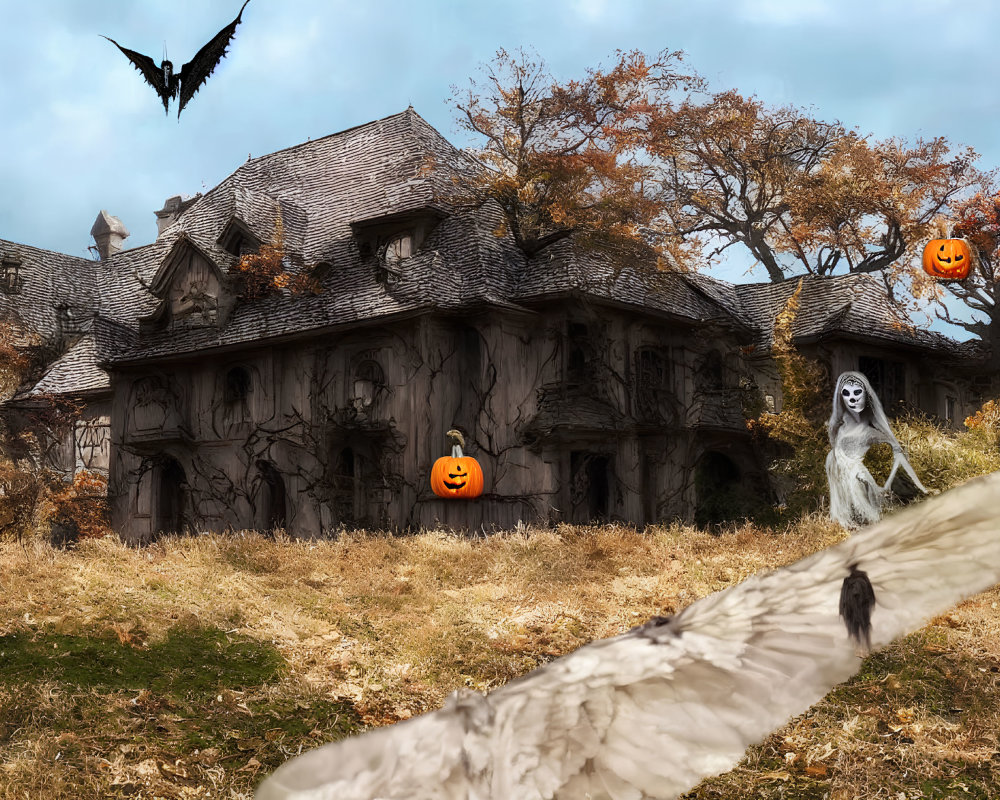 Spooky Halloween Scene: Decrepit House, Ghostly Figure, Pumpkin Heads, Flying Bat