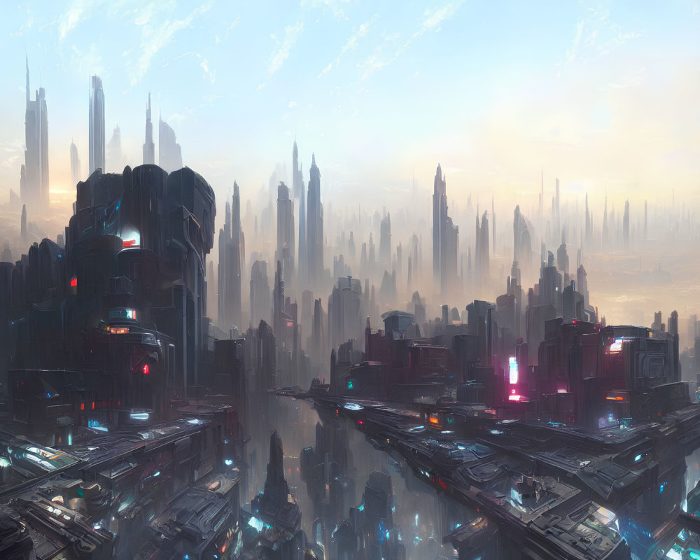 Futuristic cityscape with skyscrapers and neon signs