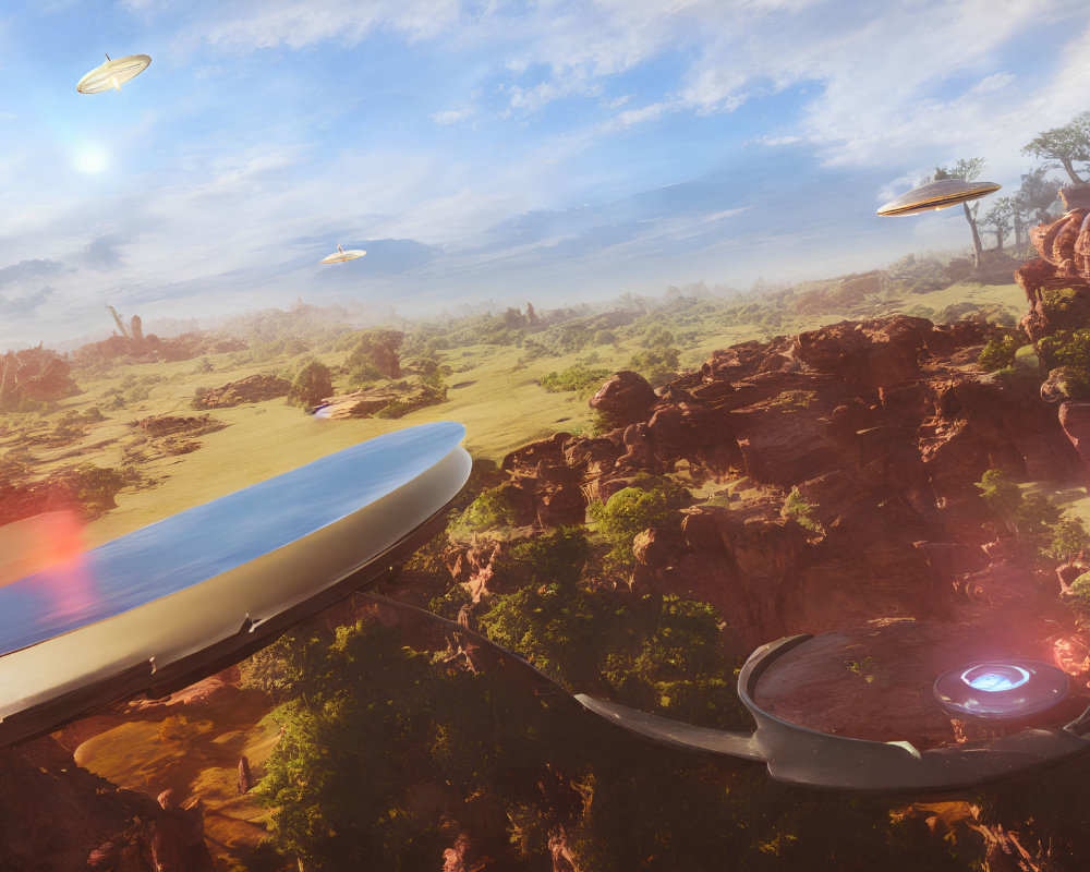 Futuristic landscape with flying vehicles above lush greenery and rocky terrain