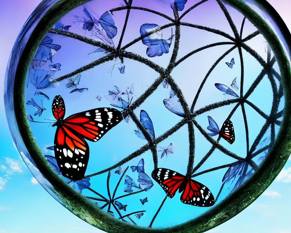 Colorful butterflies in spherical frame against blue sky